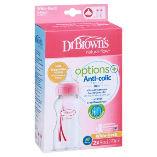 Dr. Brown's Natural Flow Wide-Neck Options+ Anti-Colic Baby Bottles, 9oz, 2 Count, Level 1 Nipple, PINK - Preggy Plus