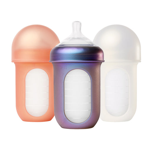 Boon, NURSH Reusable Silicone Pouch Bottle, 8 Ounce with Stage 2 Medium Flow Nipple (Pack of 3), Metallic - Preggy Plus