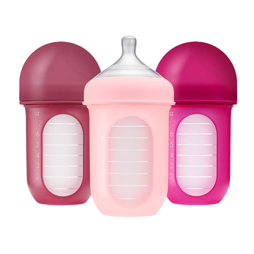 Boon, NURSH Reusable Silicone Pouch Bottle, 8 Ounce with Stage 2 Medium Flow Nipple (Pack of 3), Pink - Preggy Plus