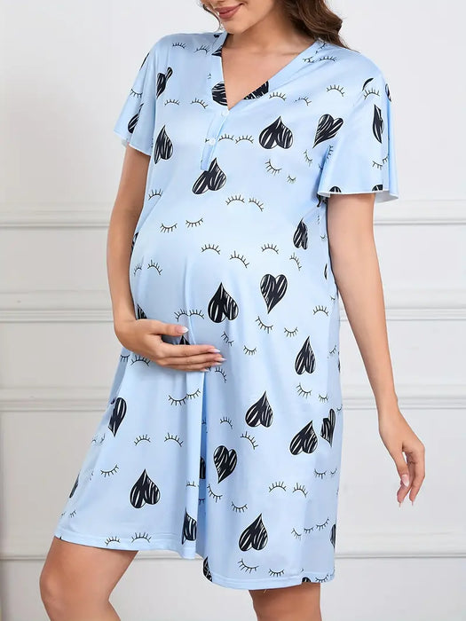 Blue Maternity Sleeping Gown with Lace Heart Pattern, X-Large