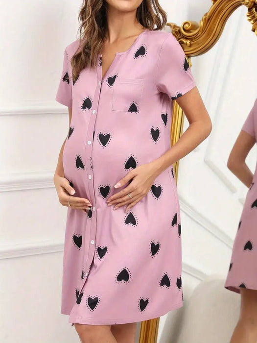 Pink Maternity Sleeping Gown with Hearts Pattern, Large