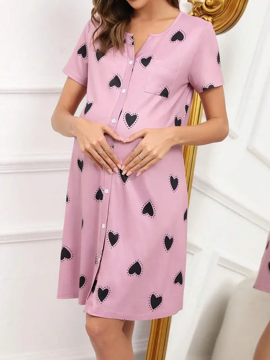 Pink Maternity Sleeping Gown with Hearts Pattern, Large