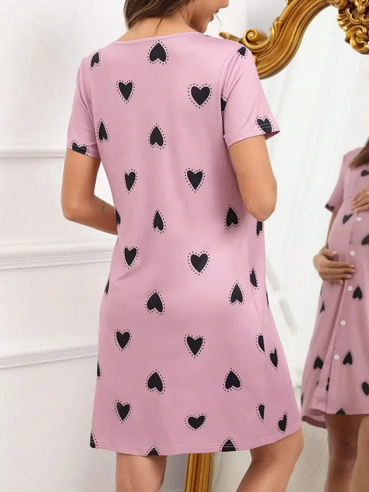 Pink Maternity Sleeping Gown with Hearts Pattern, Large