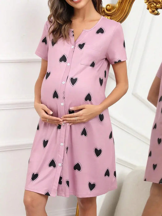 Pink Maternity Sleeping Gown with Hearts Pattern, Large