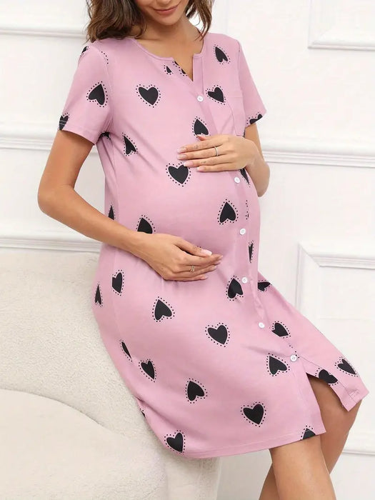 Pink Maternity Sleeping Gown with Hearts Pattern, Large