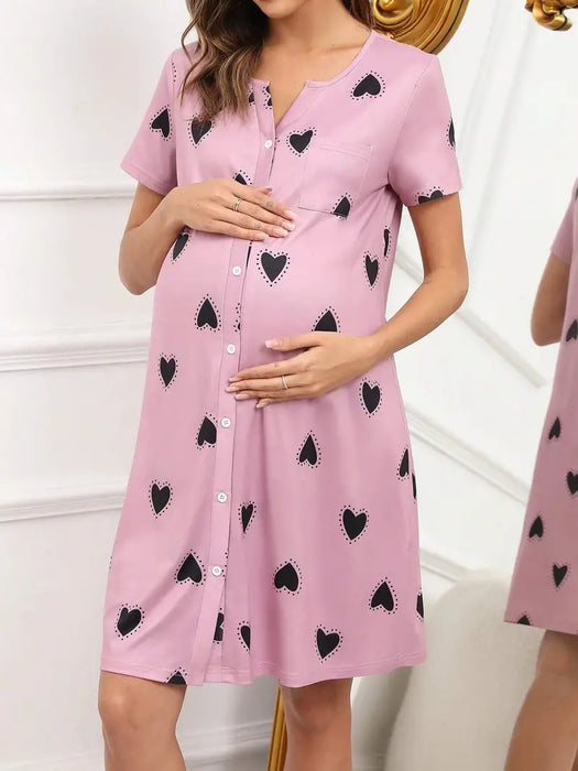 Pink Maternity Sleeping Gown with Hearts Pattern, Large