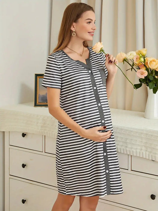 Women's Striped Maternity Nightdress with buttons for breastfeeding, M