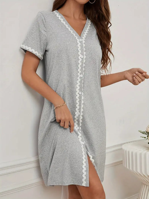 Grey with White Applique Nightdress with buttons, Small