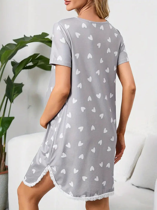 Heart Print Nightdress with lace detail & buttons, Medium
