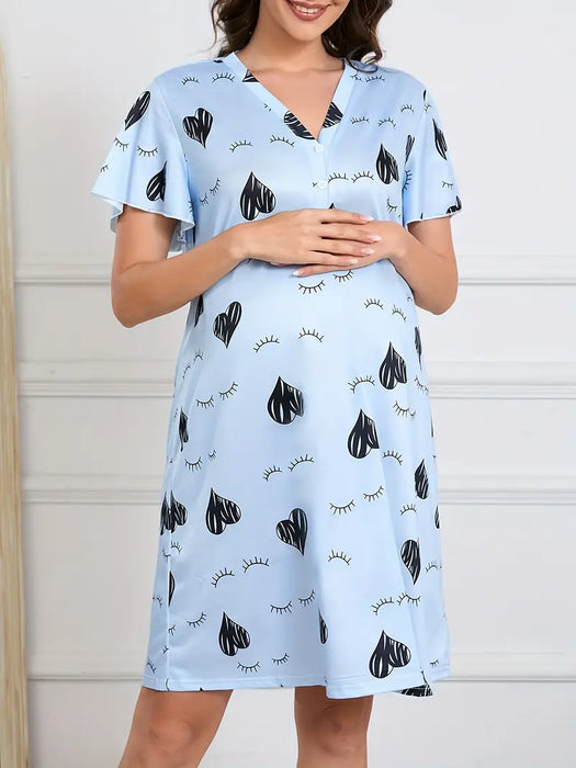 Blue Maternity Sleeping Gown with Lace Heart Pattern, X-Large