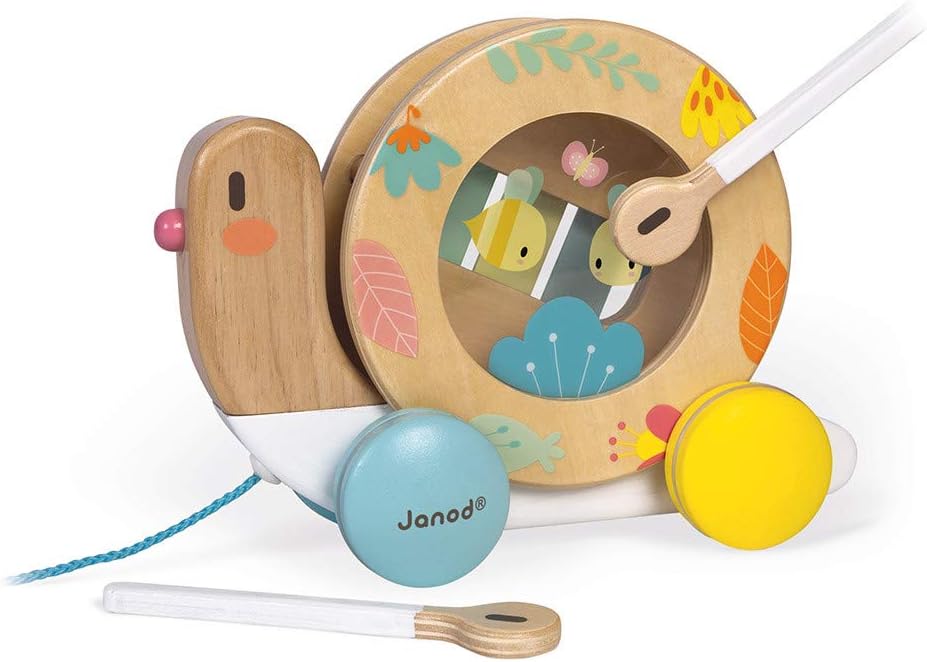 Janod Pure Pull Along Snail - Wooden 2-in1 Musical Toy