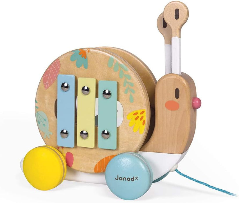 Janod Pure Pull Along Snail - Wooden 2-in1 Musical Toy