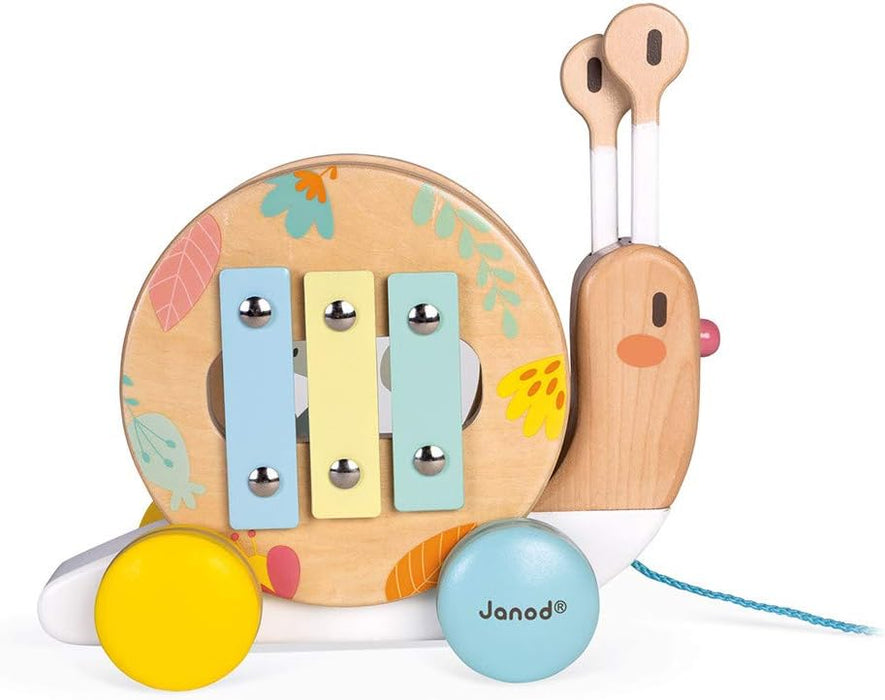 Janod Pure Pull Along Snail - Wooden 2-in1 Musical Toy