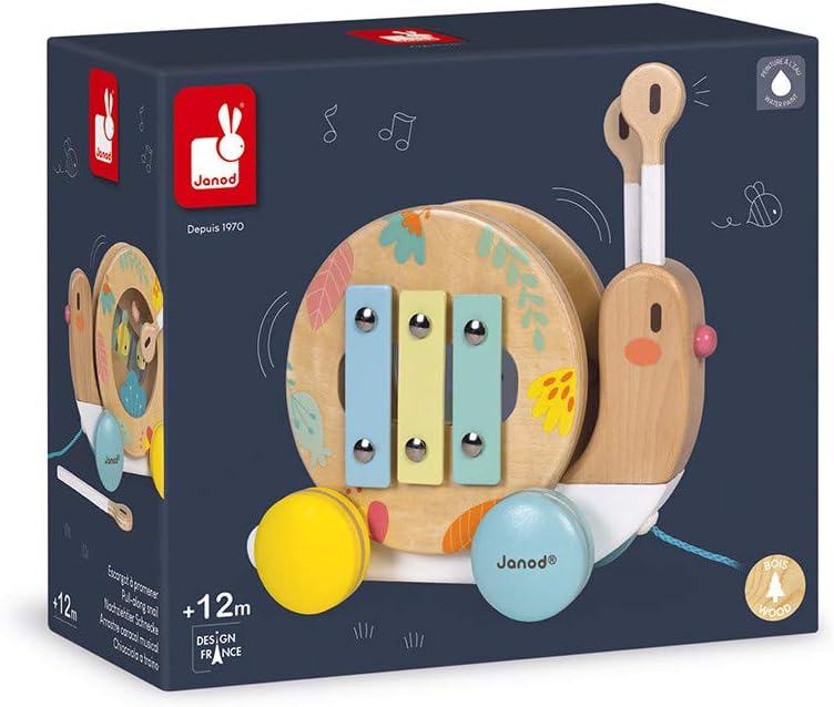 Janod Pure Pull Along Snail - Wooden 2-in1 Musical Toy