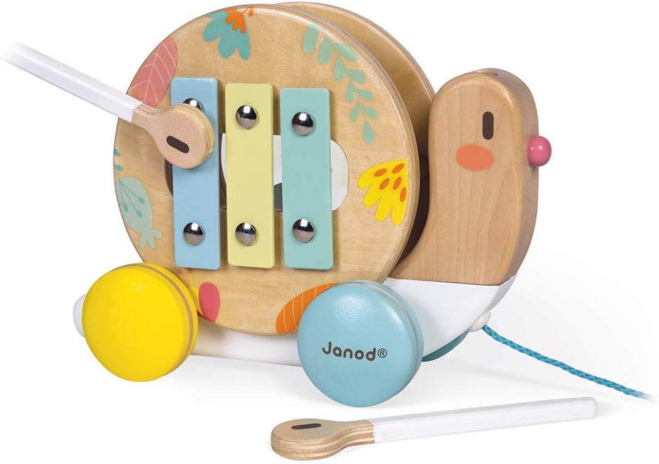 Janod Pure Pull Along Snail - Wooden 2-in1 Musical Toy