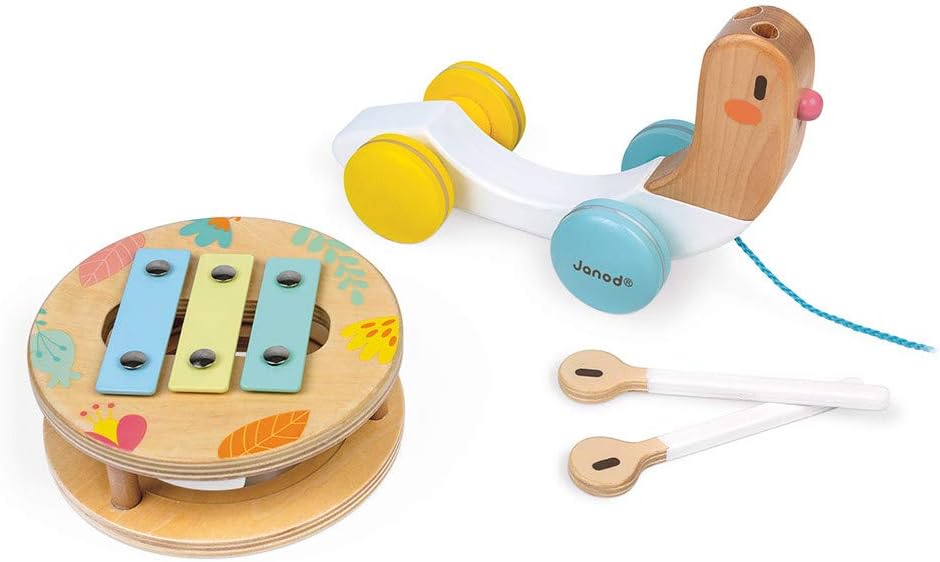 Janod Pure Pull Along Snail - Wooden 2-in1 Musical Toy