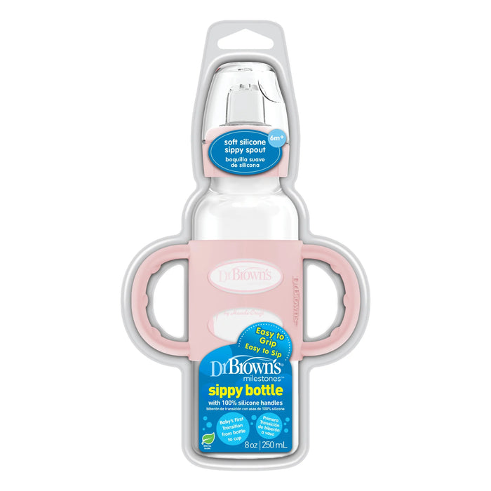 Dr. Brown's Milestones Narrow Sippy Spout Bottle with 100% Silicone Handles, 8oz/250mL, Light Pink, 1 Pack, 6m+