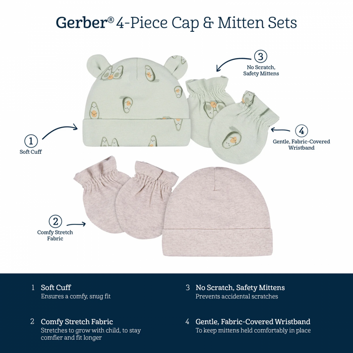 Gerber 4-Piece Neutral Baby Avo Cuddle Caps & Mitten Set, 0-6 Months (35894406Y N01 0/6)