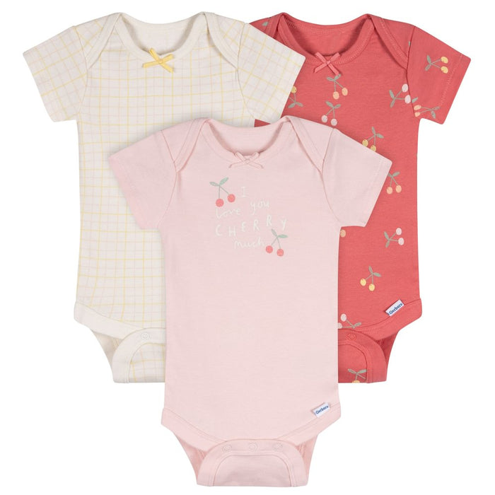 Gerber 3-Pack Baby Girls Cherries Short Sleeve Onesies® Bodysuits, Newborn (582957 G08 NB3 0-3M) - Preggy Plus