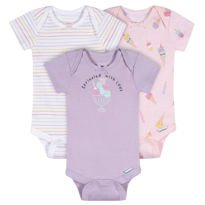 Gerber 3-Pack Baby Girls Ice-Cream Short Sleeve Onesies® Bodysuits, 12 Months (582957 G10 NB3 12M) - Preggy Plus