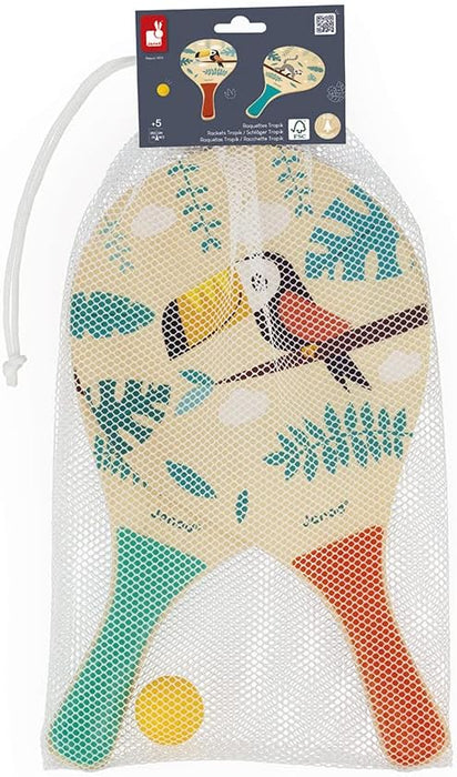 Janod - Tropik Wooden Beach Rackets - Outdoor Game - 2 Rackets, a Ball, Storage Bag