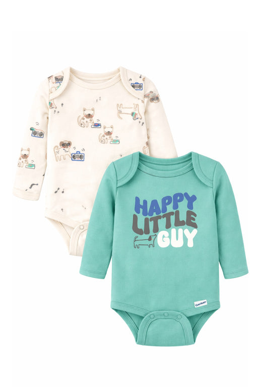 Gerber 2-Pack Baby Boys Happy Little Guy Long Sleeve Onesies® Bodysuits, 12 Months (625046 B01 NB5 12M) - Preggy Plus