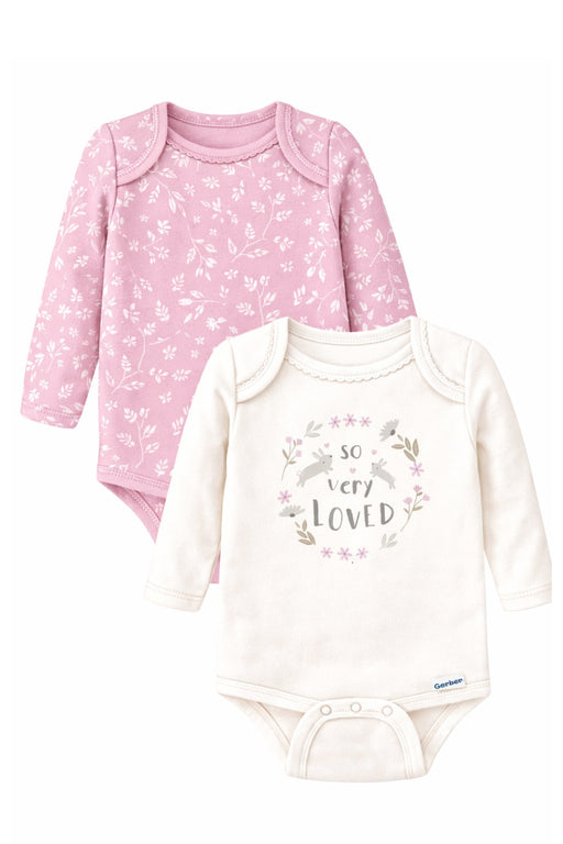 Gerber 2-Pack Baby Girls Pink Floral Long Sleeve Onesies® Bodysuits, 12 Months (625046 G02 NB5 12M) - Preggy Plus
