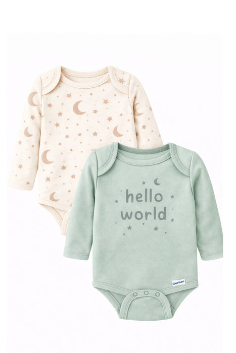 Gerber 2-Pack Baby Hello World Long Sleeve Onesies® Bodysuits, 12 Months (625046 N01 NB5 12M) - Preggy Plus