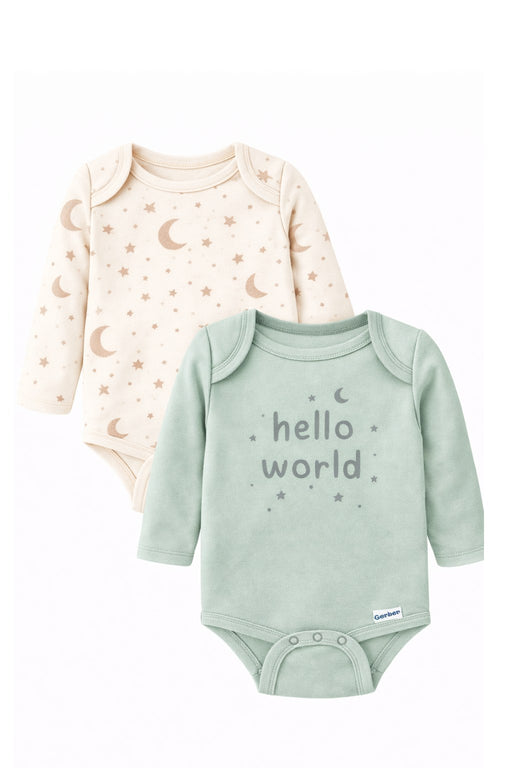 Gerber 2-Pack Baby Hello World Long Sleeve Onesies® Bodysuits, 12 Months (625046 N01 NB5 12M) - Preggy Plus