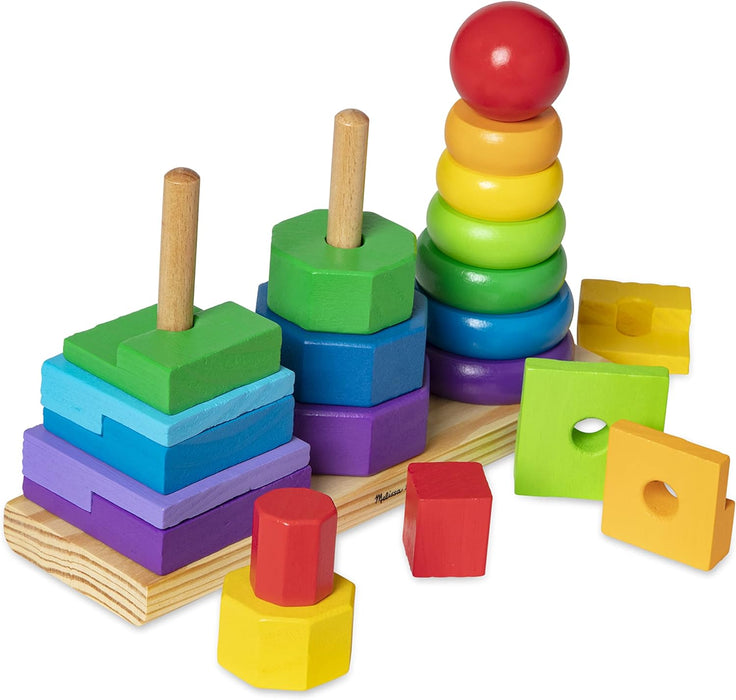 Melissa & Doug Geometric Stacker - Wooden Educational Toy - Shape Sorter And Stacking Toy