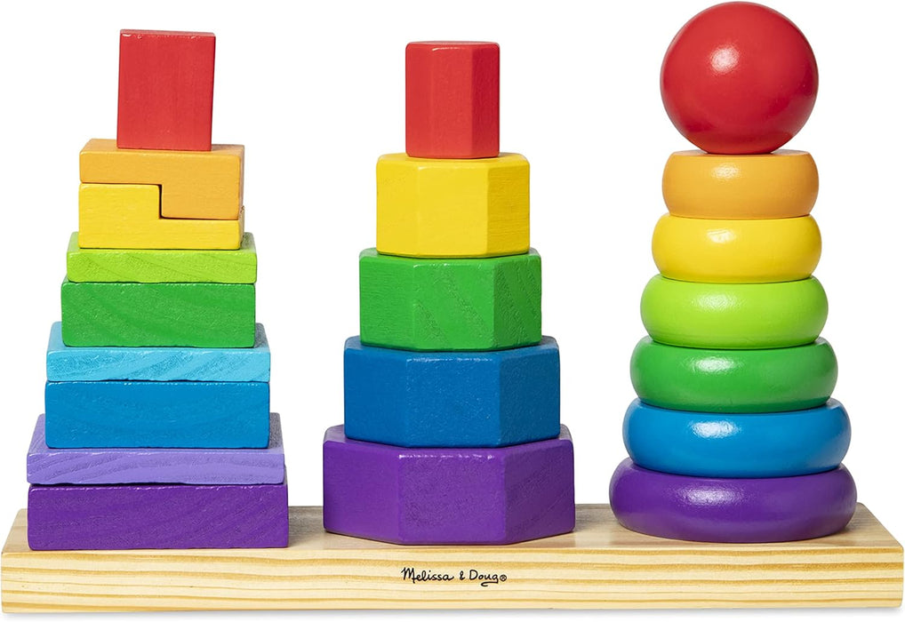 Melissa & Doug Geometric Stacker - Wooden Educational Toy - Shape Sorter And Stacking Toy