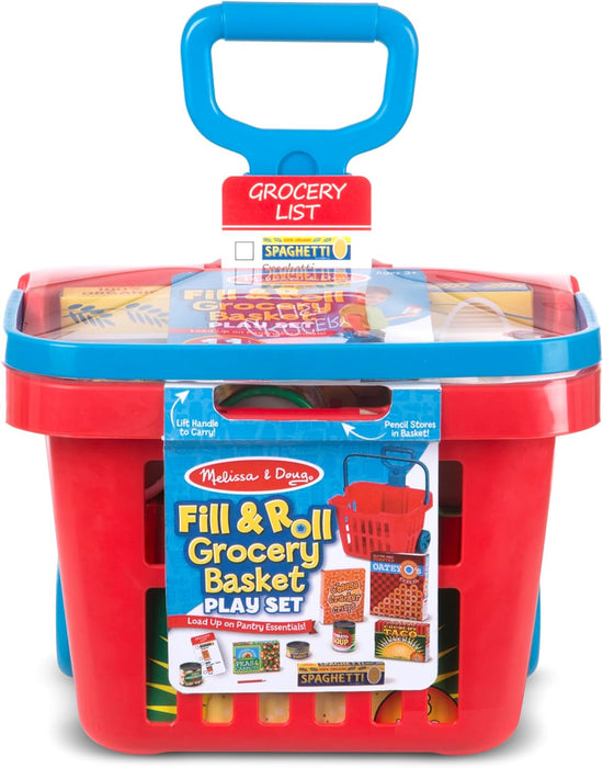 Melissa & Doug Fill and Roll Grocery Basket Play Set With Play Food Boxes and Cans (11 pcs)