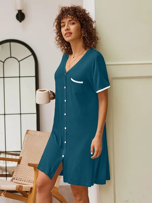 Women's Nightdress with buttons for breastfeeding, Dark Teal, X-Large