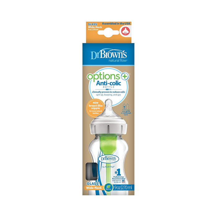 Dr. Brown's Natural Flow GLASS Wide-Neck Options+ Anti-Colic Bottles, 9oz, 1 Count