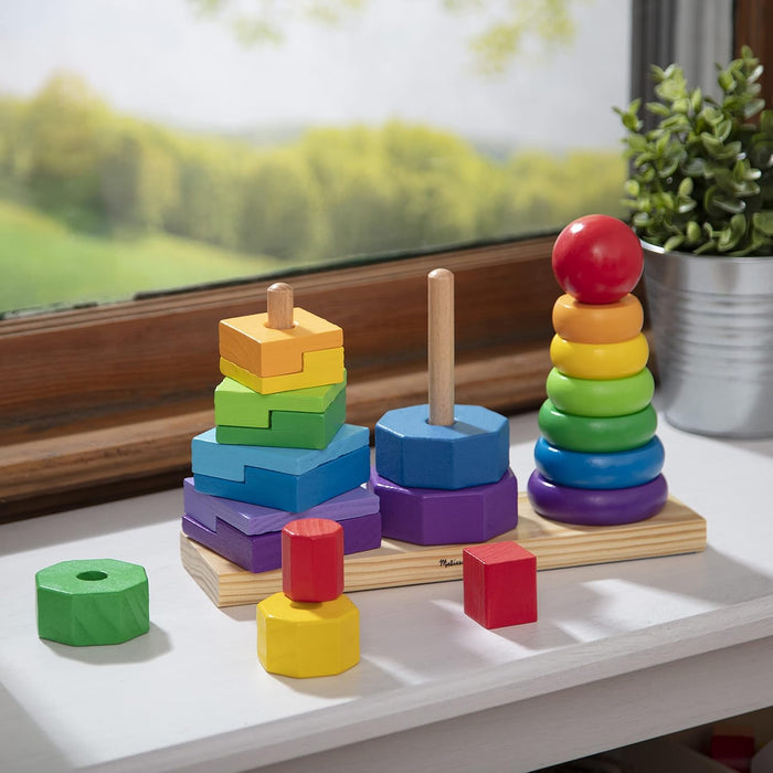 Melissa & Doug Geometric Stacker - Wooden Educational Toy - Shape Sorter And Stacking Toy