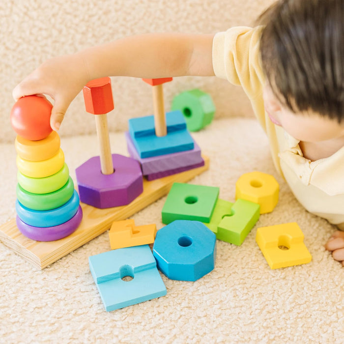 Melissa & Doug Geometric Stacker - Wooden Educational Toy - Shape Sorter And Stacking Toy