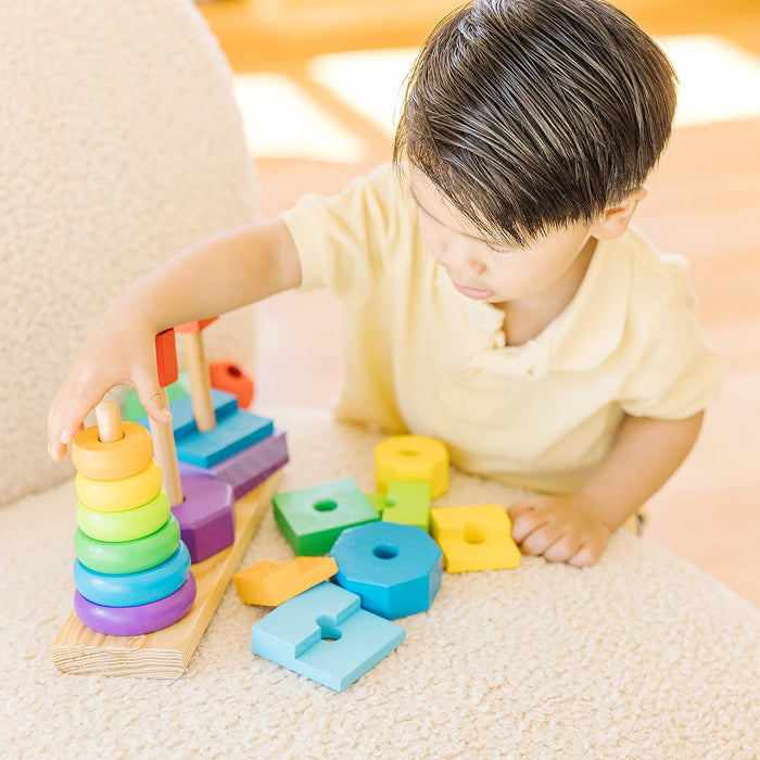 Melissa & Doug Geometric Stacker - Wooden Educational Toy - Shape Sorter And Stacking Toy