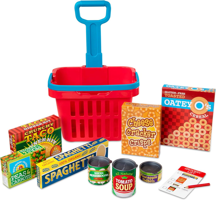 Melissa & Doug Fill and Roll Grocery Basket Play Set With Play Food Boxes and Cans (11 pcs)