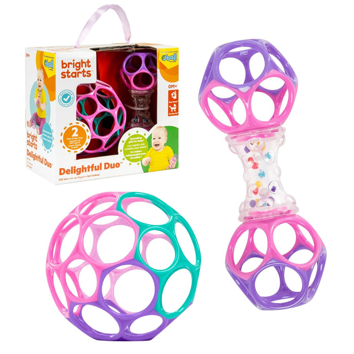 Bright Starts Delightful Duo 2-Pack Gift Set with Easy-Grasp Oball Rattles, Pink