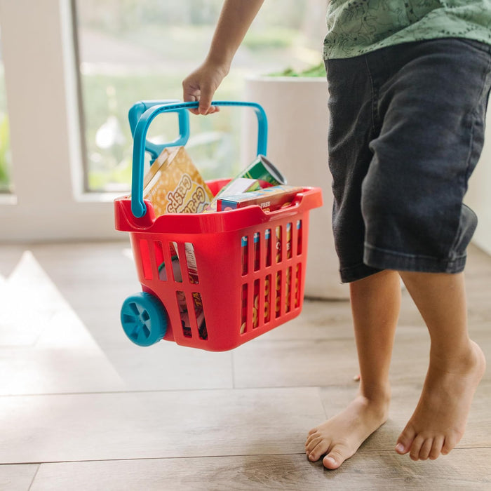 Melissa & Doug Fill and Roll Grocery Basket Play Set With Play Food Boxes and Cans (11 pcs)