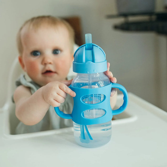 Dr. Brown's Milestones Wide-Neck Sippy Straw Bottle with 100% Silicone Handles, 9oz, Blue, 1 Pack, 6m+