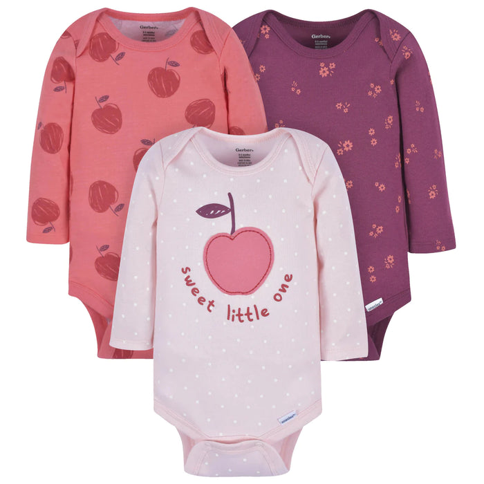 Gerber 3-Pack Baby Girls Apple Bouquets Long Sleeve Onesies® Bodysuits, 6-9 Months (342306Y G02 NB3 6/9) - Preggy Plus