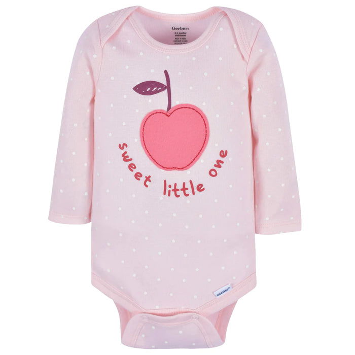 Gerber 3-Pack Baby Girls Apple Bouquets Long Sleeve Onesies® Bodysuits, 6-9 Months (342306Y G02 NB3 6/9) - Preggy Plus