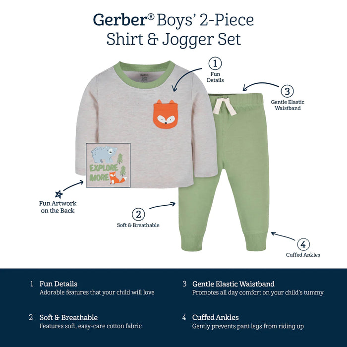 Gerber 2-Piece Baby & Toddler Boys Explore Long Sleeve Shirt & Jogger Pants Set, 12 Months (942206Y B02 12M) - Preggy Plus