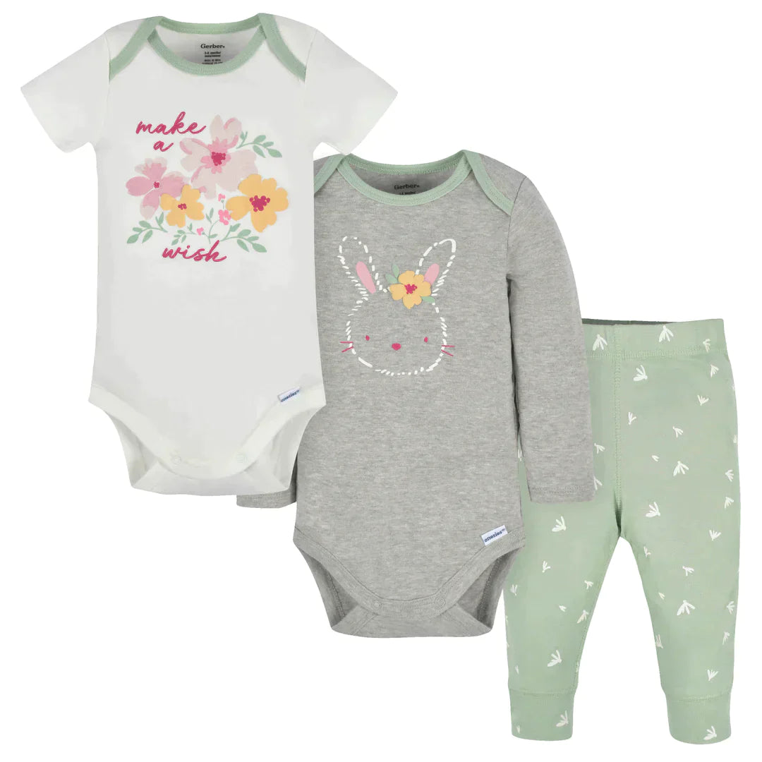 Gerber 3Piece Baby Girls Bunny Onesies® Bodysuits and Pants Set, 69