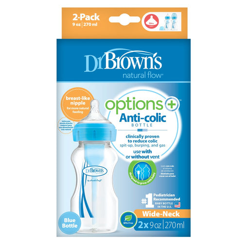 Dr. Brown's Natural Flow Wide-Neck Options+ Anti-Colic Baby Bottles, 9oz, 2 Count, Level 1 Nipple, BLUE - Preggy Plus