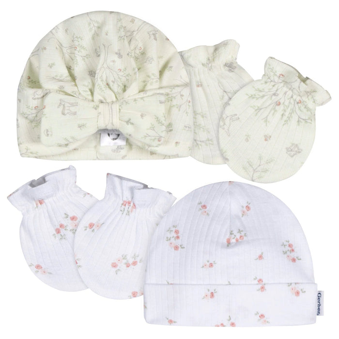 Gerber 4-Piece Baby Girls Deer Cap and Mitten Set, 0-6 Months (646023 G02 0-6M) - Preggy Plus