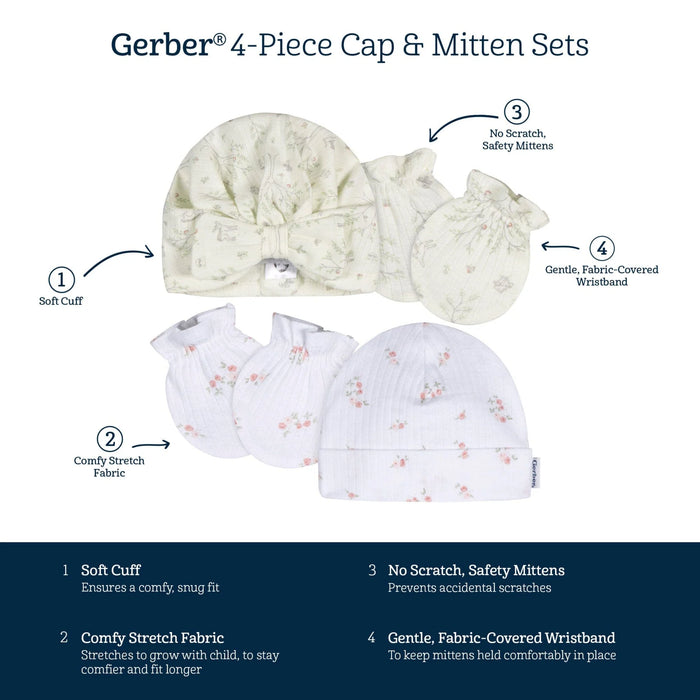 Gerber 4-Piece Baby Girls Deer Cap and Mitten Set, 0-6 Months (646023 G02 0-6M) - Preggy Plus