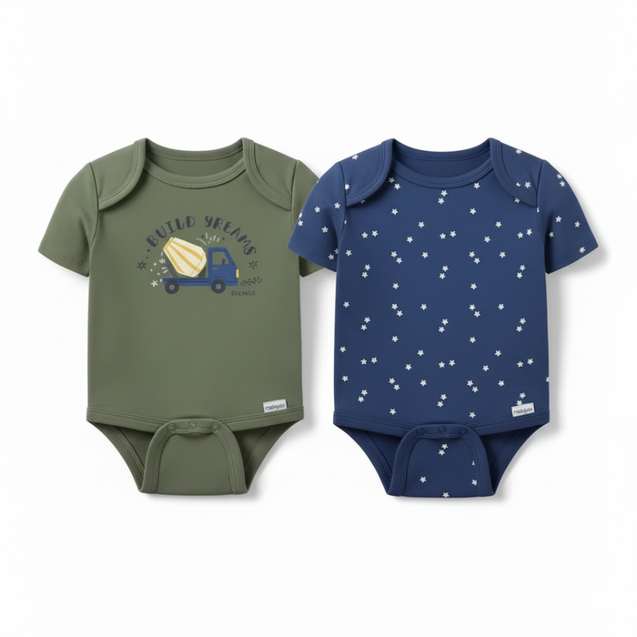 Gerber 2-Pack Baby Boys Build Your Dreams Short Sleeve Onesies® Bodysuits, 12 Months (625296 B02 NB5 12M) - Preggy Plus