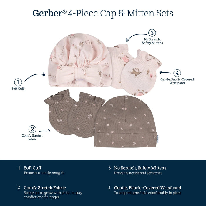 Gerber 4-Piece Baby Girls Garden Cap and Mitten Set, 0-6 Months (646023 G01 0-6M) - Preggy Plus